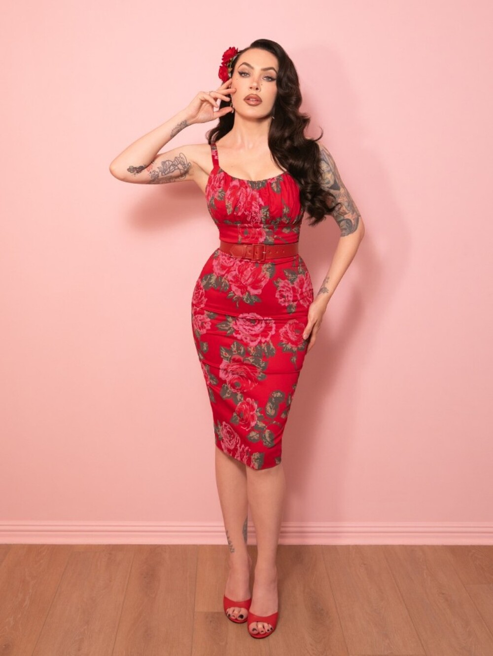 Ingenue Wiggle Dress in Vintage Red Rose Print - Vixen by Micheline Pitt